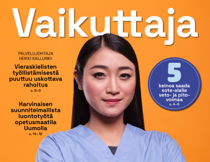 Vaikuttaja-julkaisun kansi, jossa sote-alan henkilö