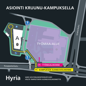 Kruunu-kampuksen kartta. Varo ympärillä olevaa työmaaliikennettä!